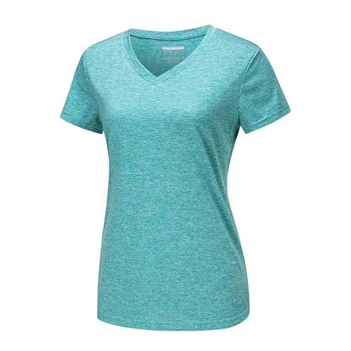 MAGCOMSEN Jogging Shirts Damen Casual Sportshirt Kurzarm Atmungsaktiv Laufshirt V-Ausschnitt Wandershirt Leichte Trainingsshirt Sommer Fitness Shirt Hellgrün 2XL von MAGCOMSEN