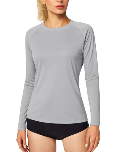 MAGCOMSEN Joggingshirts Damen Leicht Sommershirt Langarm Trainingsshirts für Fitness Yoga Damen Outdoor Atmungsaktiv Funktionsshirts UV Schutz Tshirt Hellgrau XXL von MAGCOMSEN