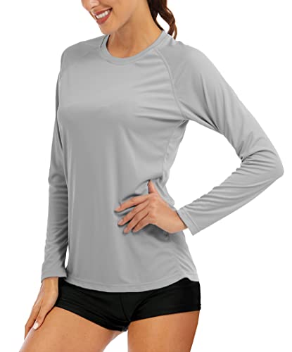 MAGCOMSEN Joggingshirts Damen Leicht Sommer Trainingsshirts Langarm Schnelltrocknend T-Shirts Damen Outdoor Atmungsaktiv Funktionsshirts UV Schutzkleidung Beach Hemd Hellgrau M von MAGCOMSEN