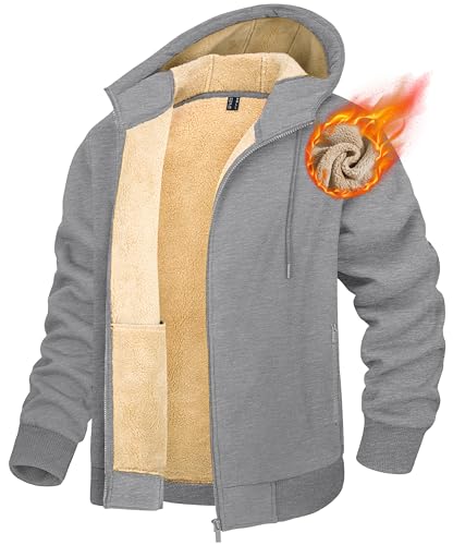 MAGCOMSEN Kapuzen Sweatjacke Herren Langarm Jacke Fleece Kapuzenjacke Full Zip Laufjacke Winter Hoodie mit Taschen, Hellgrau, M von MAGCOMSEN