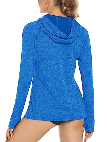 MAGCOMSEN Kapuzenshirt Damen Langarm Dünne Wandershirt UV Shirt mit Daumenloch Pulli UPF 50+ Trainingsshirt Funktions T-Shirt, Blau M von MAGCOMSEN