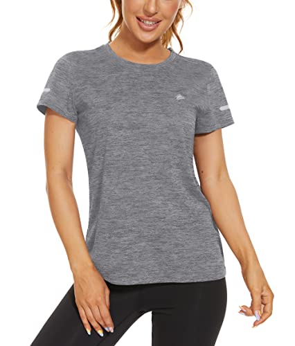 MAGCOMSEN Kurzarmshirts Damen Atmungsaktiv Sommershirts Leichte Sport Shirt Outdoor Funktionsshirts Damen Lässig Freizeit T-Shirts Crewneck Basic Tops für Fitness Yoga Hellgrau L von MAGCOMSEN