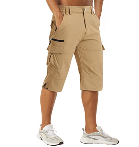 MAGCOMSEN Herren 3/4 Radhose Quick Dry Outdoor Wanderhose Sommer Stretch Bermuda Shorts Männer Kurz Jagd Angeln Hose Leicht Funktionsshorts mit Gummibund Khaki 30 von MAGCOMSEN