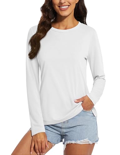 MAGCOMSEN Langarmshirt Damen Baumwolle Basic Tshirt Longsleeve Rundhals Stretch Herbst Langärm Casual Elegant Warm Weiß M von MAGCOMSEN
