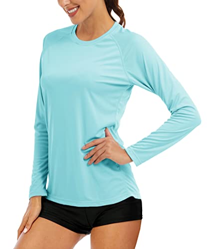 MAGCOMSEN Langarmshirt Damen UPF 50+ Rash Guard Leicht Sonnenschutz Funktionsshirt Frauen Quick Dry Wandershirt Atmungsaktiv Fitness Jogging Shirts Seeblau XXL von MAGCOMSEN