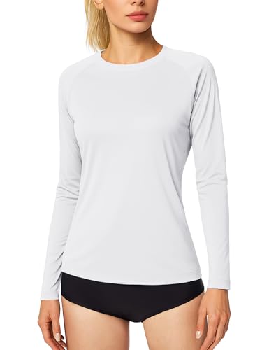 MAGCOMSEN Sportshirt Damen UV Tshirt Wasser Langarmshirt Laufshirt Atmungsaktiv Leicht Rash Guard Badeshirt Weiß S von MAGCOMSEN