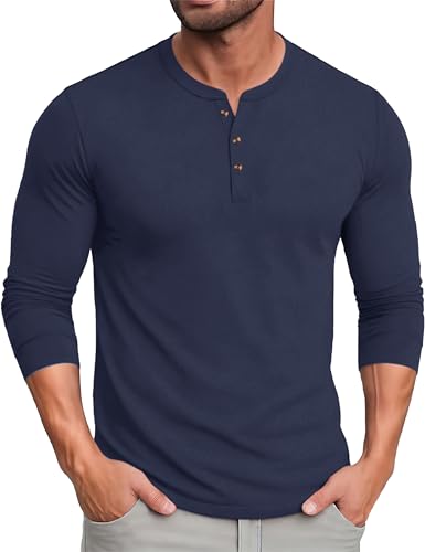 MAGCOMSEN Langarmshirt Herren Baumwolle Henley Shirt Longsleeve Atmungsaktive Regular Fit Casual Arbeits Marineblau M von MAGCOMSEN