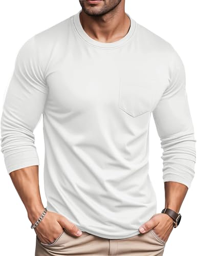 MAGCOMSEN Langarmshirt Herren Tshirt Longsleeve Baumwolle Langarm Shirts Leicht Einfarbige Oberteil mit Tasche Weiß L von MAGCOMSEN