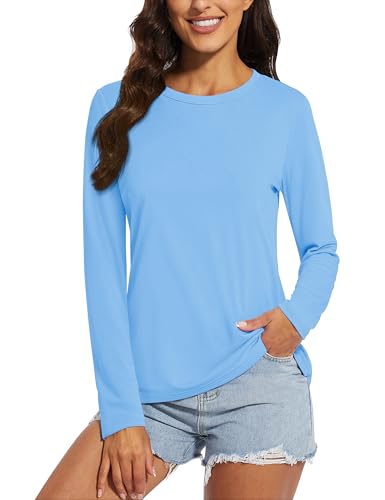MAGCOMSEN Langarmshirts für Damen Baumwolle Wandershirt Long Sleeve T-Shirt Elegante Herbst Lässig Atmungsaktiv Blau L von MAGCOMSEN
