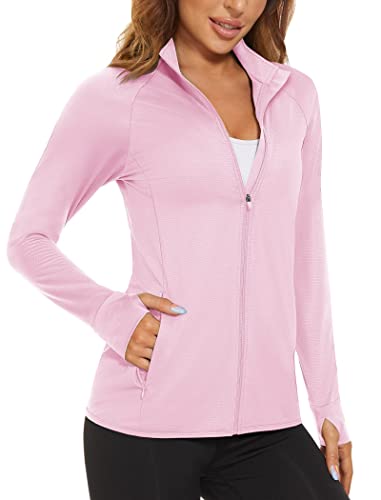 MAGCOMSEN Laufjacke Damen Sommer Leicht Trainingsjacke UV Shirt Langarm Basic Funktionsshirt mit Stehkragen Jogging Tshirt, Hellrosa L von MAGCOMSEN