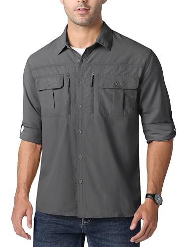 MAGCOMSEN Wanderhemd Herren UV 50 Hemden Outdoor Sommer Shirt UV-Schutz Tropenhemd Herren Quick Dry Sporthemd Sonnenschutz Leicht Safarihemd Dunkelgrau 2XL von MAGCOMSEN