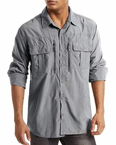 MAGCOMSEN Sporthemd Herren UPF 50+ Outdoorhemd Leicht Langarm Freizeithemd mit Multi Taschen Herren Quick Dry Funktionshemd UV Schutz Arbeit Hemden Militär Combat T-Shirt Hellgrau S von MAGCOMSEN