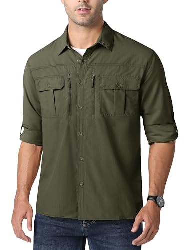 MAGCOMSEN Safarihemden für Herren UPF 50+ Outdoor Hemden Lange Ärmel Wanderhemd Herren Atmungsaktiv Sporthemd Shirt Leicht Funktionshemd Schnelltrocknend Tropenhemd Armeegrün 2XL von MAGCOMSEN