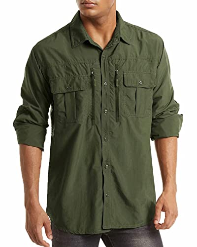 MAGCOMSEN Safarihemden für Herren UPF 50+ Outdoor Hemden Lange Ärmel Wanderhemd Herren Atmungsaktiv Sporthemd Shirt Leicht Funktionshemd Schnelltrocknend Tropenhemd Armeegrün M von MAGCOMSEN