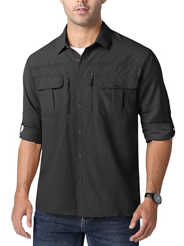 MAGCOMSEN Outdoor Hemd Herren Langarm UV-Schutz Hemden Quick Dry Sporthemd mit Multi Taschen Herren Leicht Sonnenschutz Tactical Shirt Atmungsaktiv Freizeithemd Schwarz 3XL von MAGCOMSEN