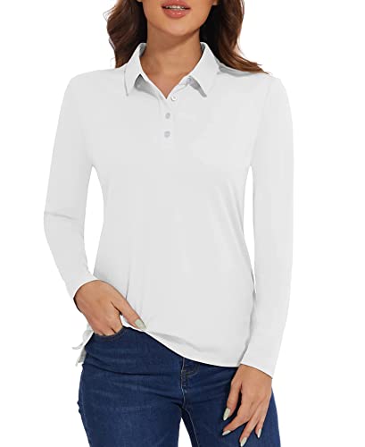 MAGCOMSEN Polo Arbeitsshirt Damen Langarm Shirts Basic Poloshirt Performance Sportshirt Quick Dry Top für Wandern Golf Yoga, Weiß L von MAGCOMSEN