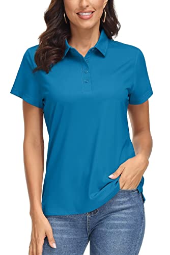 MAGCOMSEN Polo Arbeitsshirt Damen Sommer Poloshirt Performance Shirt Kurzarm UV Polohemd Stretch Golf Top Yoga T-Shirt, Blau Grün S von MAGCOMSEN