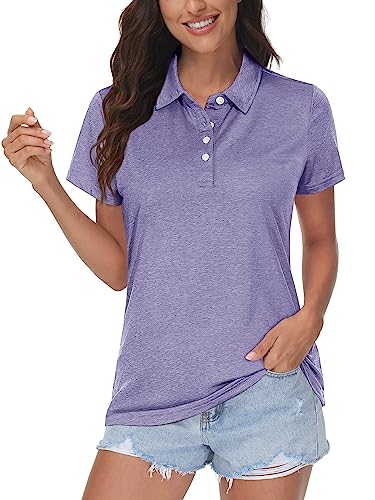 MAGCOMSEN Polohemd Damen Meliert Sportshirts Schnell Trockend Polo T-Shirts Tennis Yoga Kurzarm Damen Stretch Sommershirts Klassisch Gym Trainingsshirts Hellviolett L von MAGCOMSEN