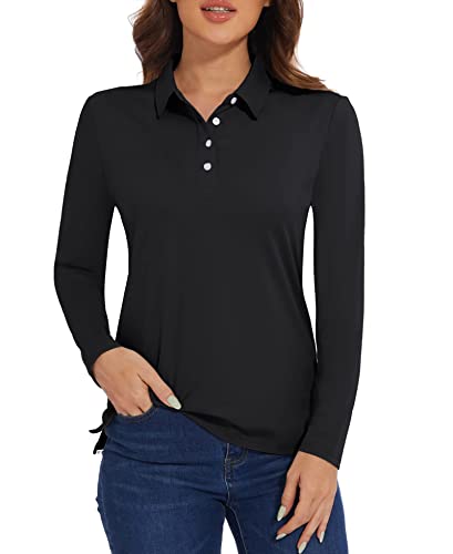 MAGCOMSEN Poloshirt Langarm Damen mit Kragen Sportshirt Atmungsaktiv Funktionsshirt Leicht Wandershirt Polo Langarmshirt, Schwarz L von MAGCOMSEN