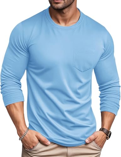 MAGCOMSEN Langarm Shirt Herren Tshirt Baumwolle Atmungsaktive Männer Longsleeve mit Tasche Bequem Classics Blau 2XL von MAGCOMSEN