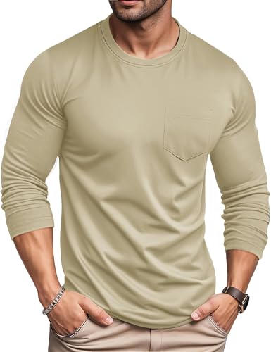 MAGCOMSEN Shirt Herren Langarmshirt Baumwolle Männer Longsleeve Arbeit Basic Casual Outfit mit Brusttasche Khaki L von MAGCOMSEN