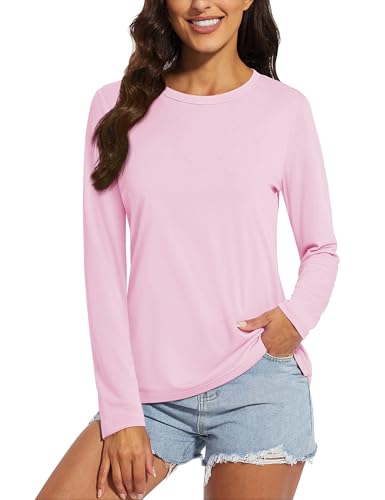 MAGCOMSEN Shirt Langarm Damen Langarmshirt Baumwolle Basic Longsleeve Atmungsaktiver Regular Fit Elegant Lässig Rosa M von MAGCOMSEN