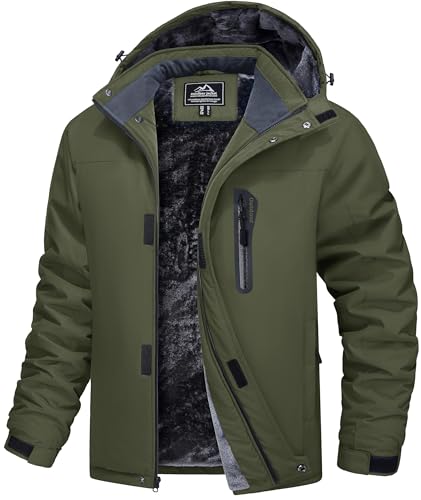 MAGCOMSEN Snowboardjacke Herren Wasserdicht Skijacke Warm Fleece Winterjacke für Bergsteigen Camping Herren Softshell Outdoorjacke Atmungsaktiv Gefüttert Wanderjacke Armeegrün 3XL von MAGCOMSEN