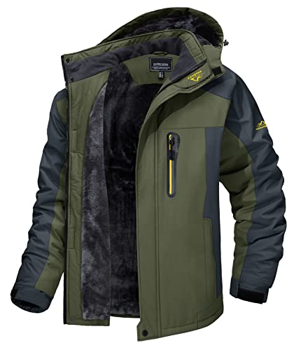 MAGCOMSEN Snowboardjacke Herren Winter Fleecejacke Wasserdicht Atmungsaktiv Outdoorjacke Skijacke Herren Winddicht Übergangsjacke mit Abnehmbarer Kapuze Armeegrün 2XL von MAGCOMSEN