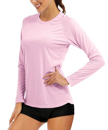 MAGCOMSEN Sommer Shirts Damen Quick Dry Langarm Shirts Leicht UV Sonnenschutz T-Shirt Damen Outdoor Joggingshirts Rund Ausschnitt Wandern Shirts Regular Fit Shirts Pink 2XL von MAGCOMSEN