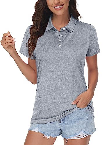 MAGCOMSEN Sport T-Shirts Damen Golf Tennis Poloshirts Atmungsaktiv Laufshirts mit 4 Knopf Damen Outdoor Polohemd Leicht Workout Yoga Oberteile Quick Dry Wandershirts Silberweiß L von MAGCOMSEN