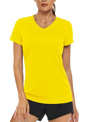 MAGCOMSEN Sport Tshirt Damen UV Shirts Kurzarm Basic V Ausschnitt Sommer Wandershirt UPF 50+ Fitness Funktionsshirt Sportshirts Gelb XL von MAGCOMSEN