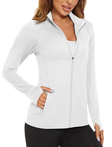 MAGCOMSEN Sportjacke Damen Dünn Ohne Kapuze Langarmshirt UV Schutz Shirt Langarm Sportliche Long Sleeve mit Reißverschluss, Weiß XL von MAGCOMSEN