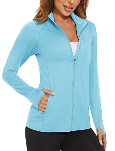 MAGCOMSEN Sportshirt Damen Langarm Atmungsaktiv Wandershirt Leichte UV Hoodie Schnelltrocknend Shirt Workout Sommerjacke, Hellblau S von MAGCOMSEN