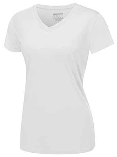 MAGCOMSEN Sportshirts Damen V Ausschnitt T-Shirt UV UPF 50+ Kurzarm Shirt Leicht Joggingshirts Damen Stretch Yoga Freizeitshirts Outdoor Wandern Surfen T-Shirt Weiß L von MAGCOMSEN