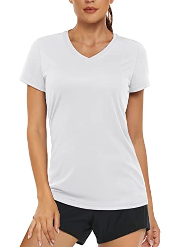 MAGCOMSEN Sportshirts Damen V Ausschnitt T-Shirt UV UPF 50+ Kurzarm Shirt Leicht Joggingshirts Damen Stretch Yoga Freizeitshirts Outdoor Wandern Surfen T-Shirt Weiß M von MAGCOMSEN