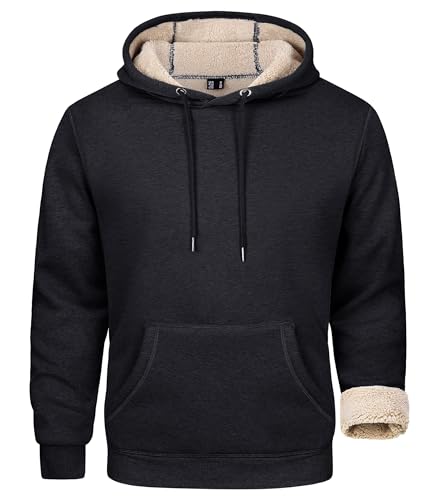 MAGCOMSEN Sweatshirt Herren Winter Kapuzenpullover Fleece Long Sleeve Hoodie Thermo Stretch Fitnessshirts Männer Teddyfell Gefüttert Freizeitshirt Jogging Mantel mit Kapuze Schwarz L von MAGCOMSEN