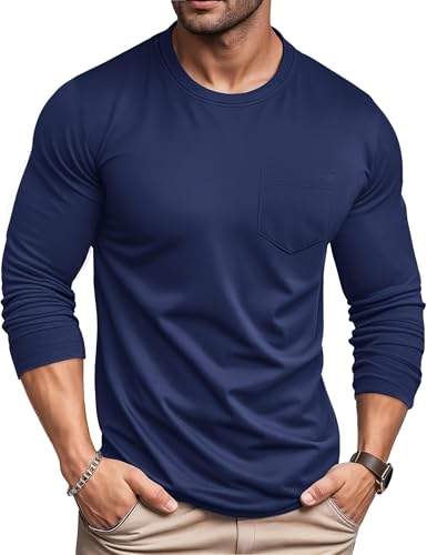 MAGCOMSEN Shirt Langarm Herren Longsleeve Rundhals Einfarbige Langarmshirt Casual Arbeit Tshirt mit Tasche Dunkelblau L von MAGCOMSEN