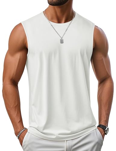 MAGCOMSEN Tank Tops Herren Sport Axelshirt UPF 50+ Atmungsaktiv Ärmellose T Shirt Laufen Fitness Baumwolle Muskelshirts Weiß XL von MAGCOMSEN