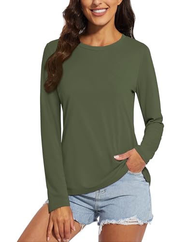 MAGCOMSEN Damen Langarmshirt Baumwolle Long Sleeve Shirt Oberteile Leicht Herbst mit Rundhals für Wander Armee Grün L von MAGCOMSEN