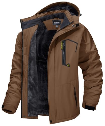 MAGCOMSEN Übergangsjacke Herren Gefüttert Winterjacke Parka Windbreaker Fleece Ski Jacken Wasserdicht Softshelljacke Warme Regenjacke mit Abnehmbarer Kapuze Kaffeebraun XL von MAGCOMSEN