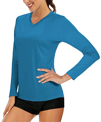 MAGCOMSEN UV Shirt Damen Sport Shirt mit V-Neck UPF 50+ Longsleeve Sonnenschutz T-Shirt Schnelltrocknende Outdoor Shirts Langarmshirt für Wandern Laufen Grün L von MAGCOMSEN