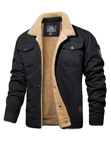 MAGCOMSEN Warme Jacke Herren Übergangsjacke Militär Jagdjacke Stehkragen Fliegerjacke Herren Winterjacke Baumwolle Mantel US Armee Feldjacke mit Innenfleece Schwarz 2XL von MAGCOMSEN