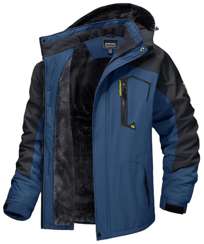 MAGCOMSEN Winter Herren Gefüttert Softshelljack Wasserdicht Atmungsaktiv Fleecejacke Herren Übergangsjacke Outdoor Skijacke Dick Snowboard Jacke mit Abnehmbarer Kapuze Denim Blue L von MAGCOMSEN