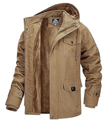 MAGCOMSEN Winter Herren Jacke Warm Gefüttert Fleecejacke mit 7 Taschen Männer Dick Übergangsjacke Baumwolle Winterparka mit Multi Taschen Khaki 2XL von MAGCOMSEN