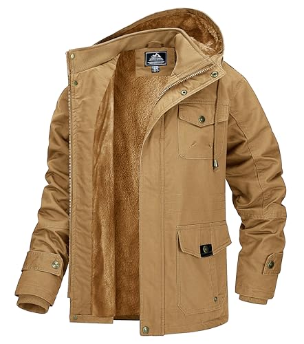 MAGCOMSEN Winter Herren Jacke Warm Gefüttert Fleecejacke mit 7 Taschen Männer Dick Übergangsjacke Baumwolle Winterparka mit Multi Taschen Khaki L von MAGCOMSEN