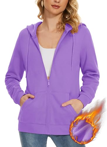 MAGCOMSEN Winter Hoodie Jacke Damen Kapuzenjacke Warm Sweatjacke Gefüttert Sportjacke Fleecejacke mit Reißverschluss Hellviolett L von MAGCOMSEN