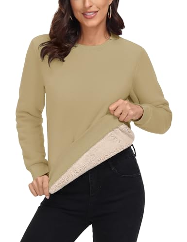 MAGCOMSEN Damen Sweatshirt Winterpullover Funktions Fleecepullover Langarm Pulli Wandern Thermo Casual Herbst Khaki L von MAGCOMSEN