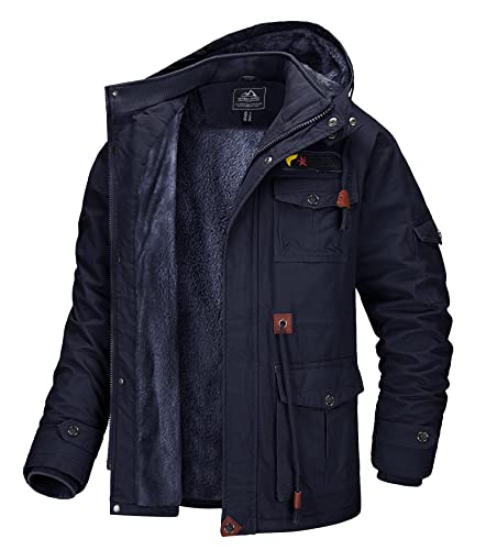 MAGCOMSEN Winterjacke Herren Cargo Jacke US Feldjacke Windbreaker Baumwolljacke für Männer Dick Fleecejacke Wandern Camping Trekking Jacken mit Kapuze Dunkelblau XL von MAGCOMSEN
