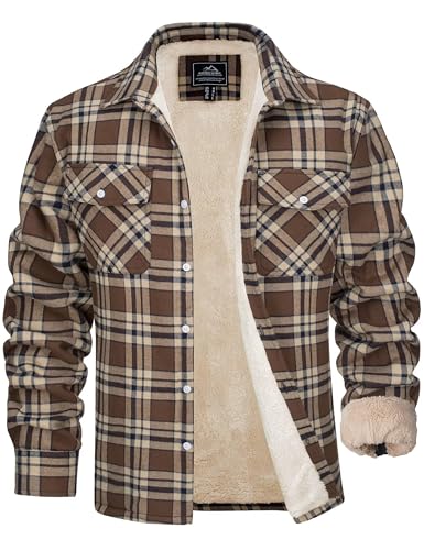 MAGCOMSEN Herren Holzfällerhemd Jacke Winterjacke Kariert Baumwolle Innenfleece Thermo Flanellhemd mit Taschen Braun 2XL von MAGCOMSEN