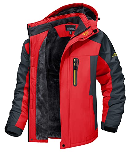 MAGCOMSEN Winterjacke Herren Winddicht Outdoorjacke Warme Skijacke Atmungsaktiv Softshell Herrenjacke Fleece Gefüttert Jacke Regenmantel mit Abnehmbarer Kapuze Rot 2XL von MAGCOMSEN